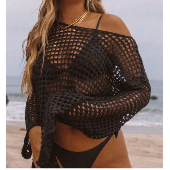 Crochet Loose Fit Sheer Long sleeve Beach Cover up Top - Picture 7 of 12